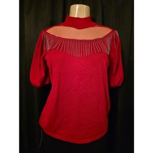 80 Park Elegant Red Women's Blouse with Fringe Detail